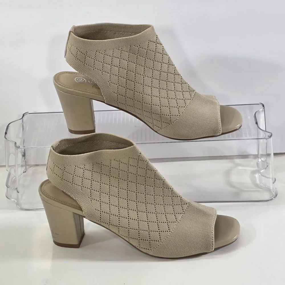 Versona Comfort Nude Knit Block Heel Sandals 7.5 Peep Toe Quiet Luxury...